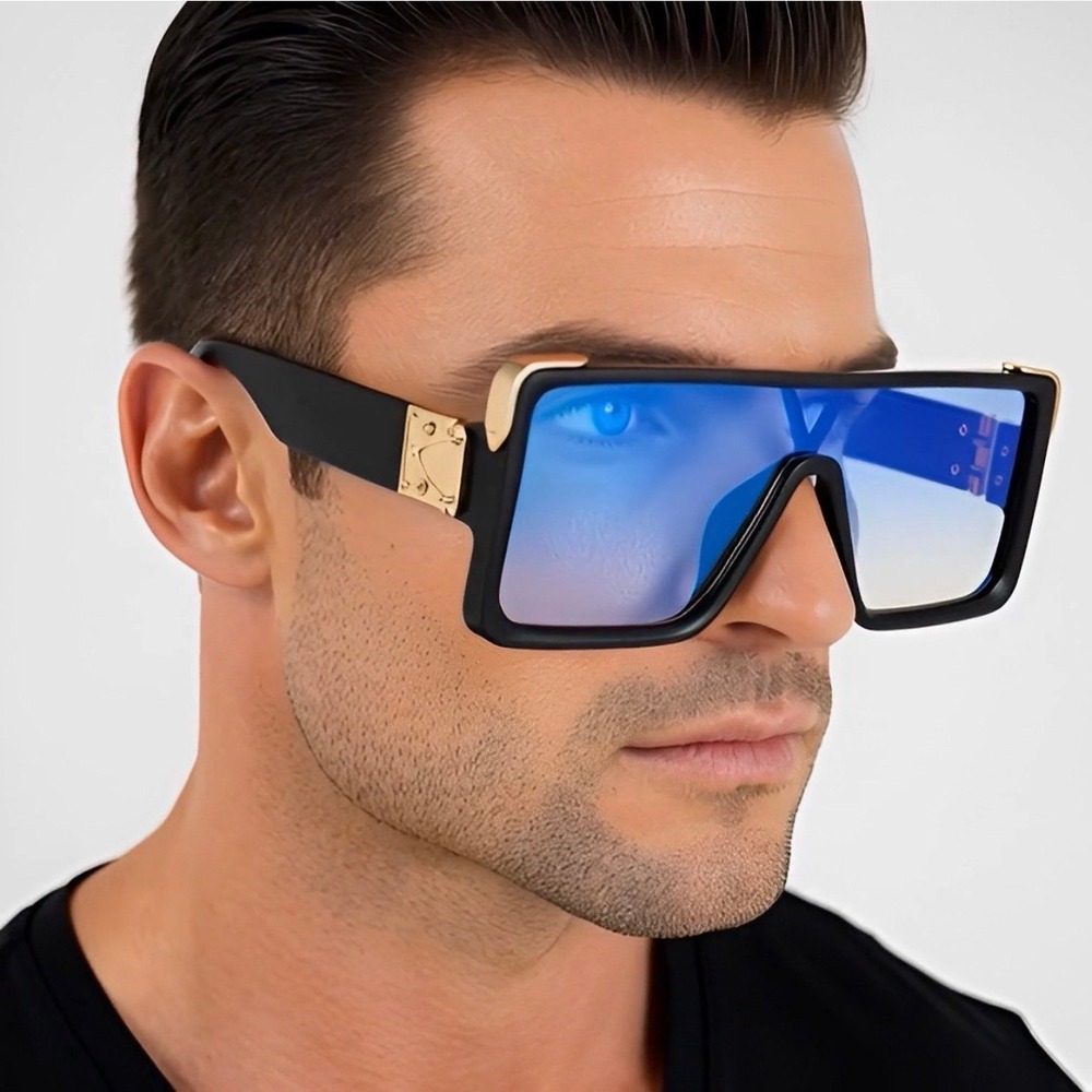 Men Sunglasses Flat‎ Top Shield Blue Mirrored Lens Fashion Sunglasses Men Lentes